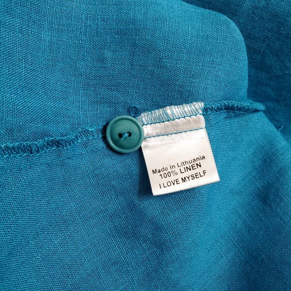 FLAX Womens Button-Up Shirt Tunic M Linen Short Sleeve Teal Blue Lagenlo… - Picture 8 of 9